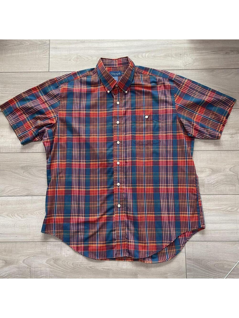 Men's Short-sleeve Buttondown Casual Red Blue Summer Plaid